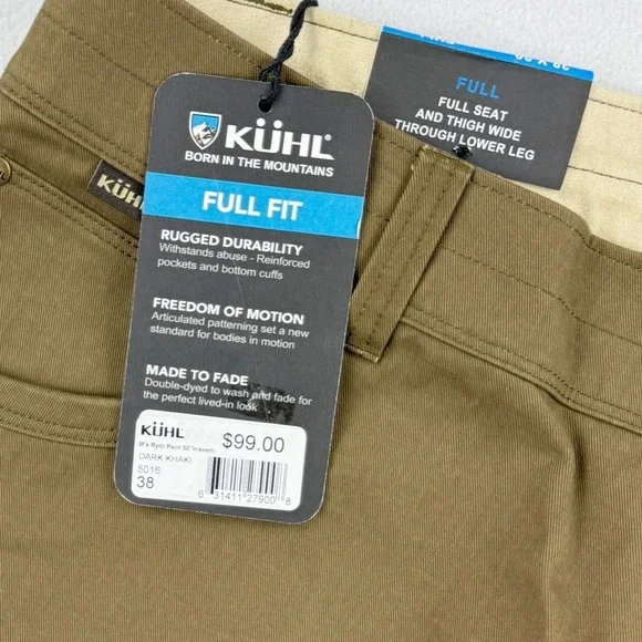 KUHL Rydr Pants Size 38x30 Eurotwill Full Fit Mens Dark Khaki 5016, NWT